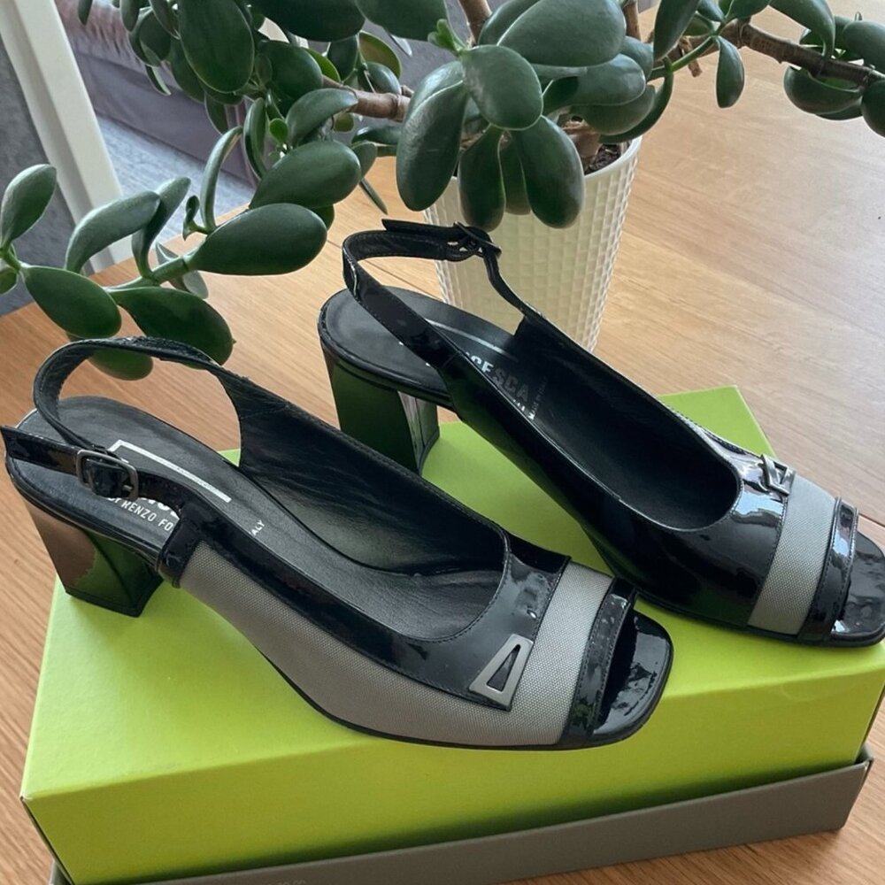 Black Patent Leather Grey Sandals Italian-made